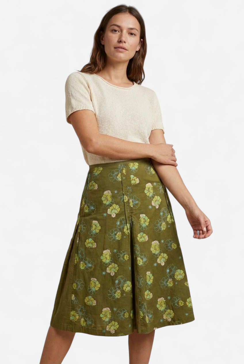 GREEN PRINTED FLARED SKIRT
