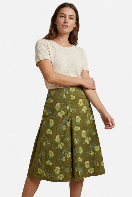 GREEN PRINTED FLARED SKIRT
