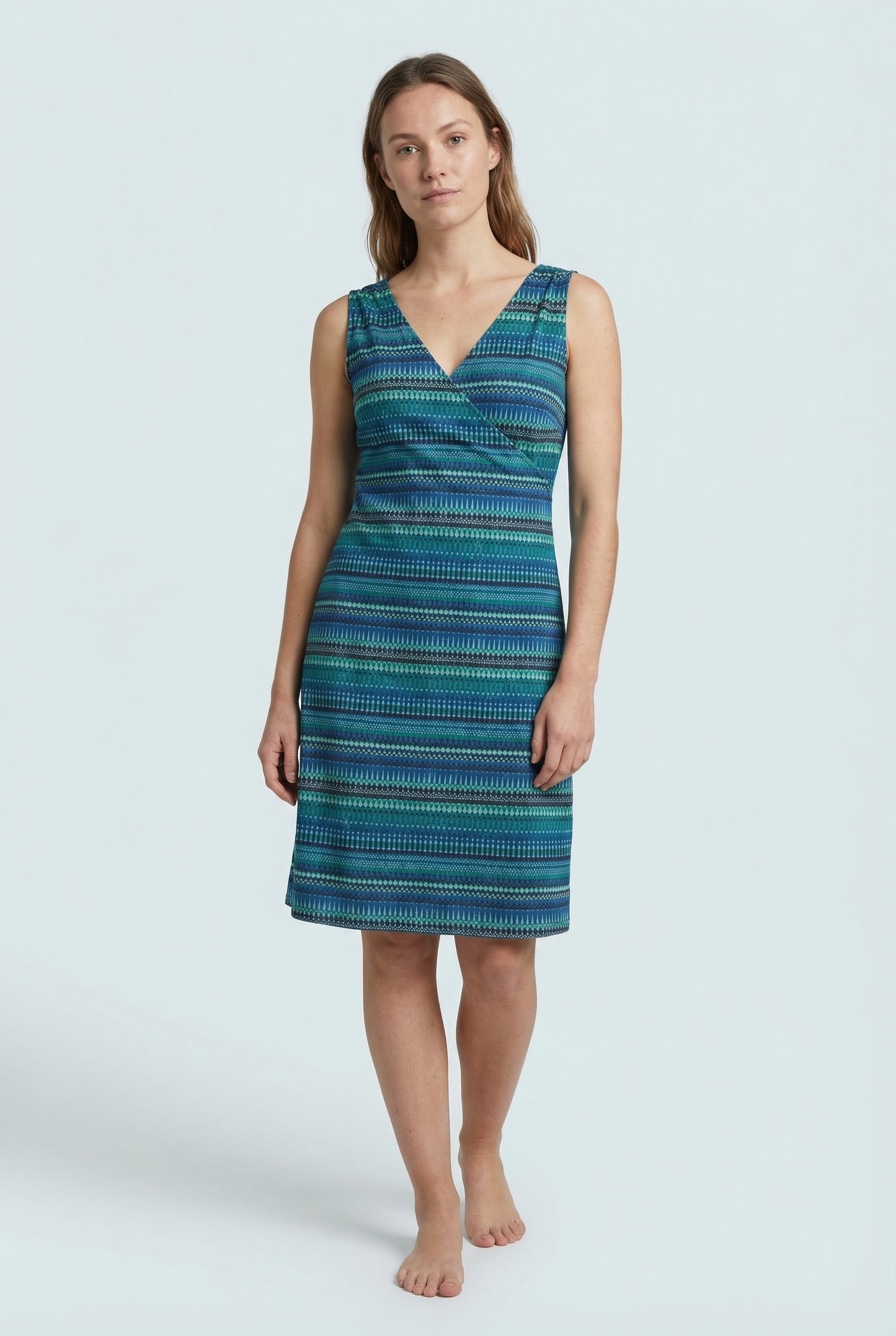 Sleeveless summer dress in green and blue tones