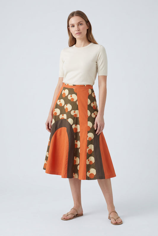 Jupe orange, marron à motifs