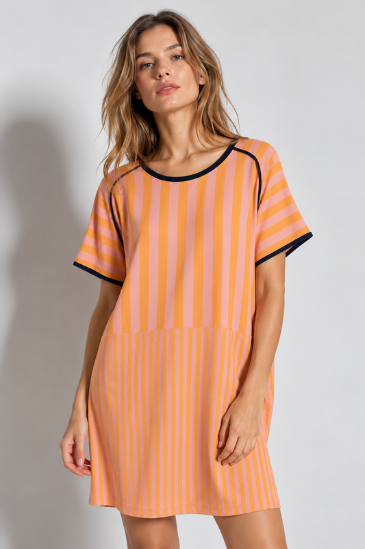 Geaxi dress with orange and pink vertical stripes